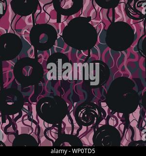 Vettore di seamless pattern con stilizzata black roses e aggrovigliato viola sfondo a strisce Illustrazione Vettoriale