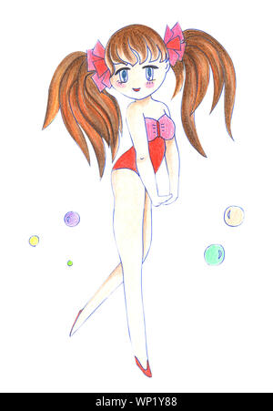 Immagine che mostra il colore di disegno di acquerelli di manga ragazza in abiti su un isolato bianco sullo sfondo. Foto Stock
