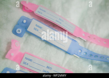 Close-up immagine con neonati tags, blu per ragazzi e rosa per le bambine in una maternità Foto Stock