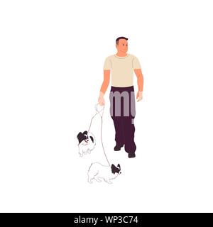 Giovane uomo in abito casual è a piedi con due piccoli papillon cani al guinzaglio. Illustrazione Vettoriale