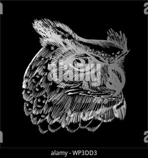 Bianco e nero illustrazione di un gufo psychodellic. Ornamento, pattern, notte, pianeti. Gesso su una lavagna. Illustrazione Vettoriale