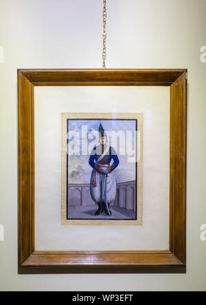 Ritratto di Qajar soldato, pittura ad acquarello, Golestan Palace, Teheran, Iran Foto Stock