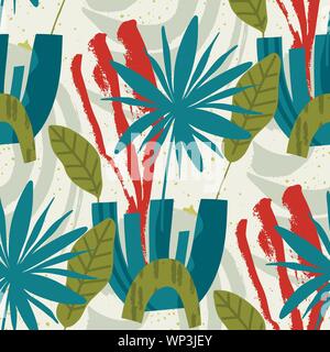 Floral seamless pattern. Abstract illustrazione vettoriale con hawai botanico di foglie di palma. Piatto e disegnati a mano inchiostro spazzola arte testurizzata con sfondo tropicale. Illustrazione Vettoriale