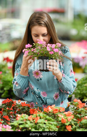 Donna in camicia a maniche lunghe profumati fiori di colore rosa mentre circondato da sfocata piantatrici riempito con fiori colorati Foto Stock