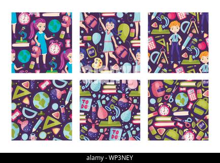 Scuola di vettore e di apprendimento seamless pattern impostato. Si torna a scuola collezione manifesti con l'istruzione forniture, ragazzo e una ragazza gli alunni in cartoon piatto e doodle stile. Illustrazione di cancelleria. Illustrazione Vettoriale