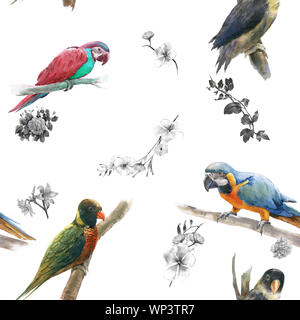Watercolor painting with birds and flowers, seamless pattern on white background Foto Stock