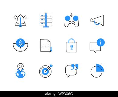 Attività di pubblicità e di tecnologia colore set di icone. Obiettivo della campagna di marketing, attrazione del cliente e i simboli di notifica. Computer server, gamepad Illustrazione Vettoriale