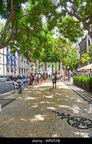 Viale alberato strada pedonale nel centro di Funchal, Madeira Foto Stock