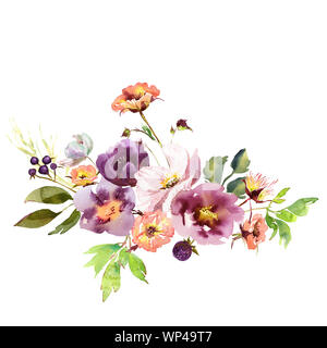 Nozze romanric nuziale rustico bouquet caldo. Disegno a mano acquerello rosa e viola e fiori d'arancio ornamento Foto Stock