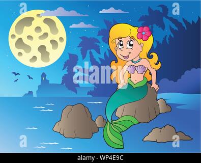 Notte seascape con il cartoon mermaid Illustrazione Vettoriale