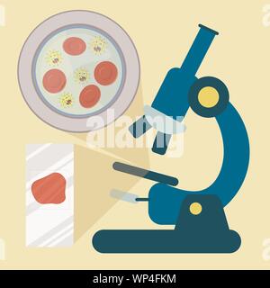 Campione di sangue sotto un microscopio che mostra le cellule rosse del sangue con il cartoon di germi. Vetrino per microscopio con il campione di sangue. Illustrazione Vettoriale