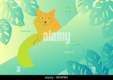 Orange cat seduti al ramo di albero, foglie di monstera e stile di memphis pattern su sfondo. Vettore di stock Illustrazione Vettoriale