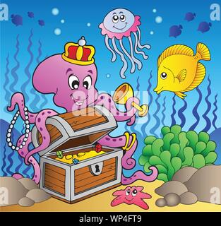 Cartoon octopus su Treasure Chest Illustrazione Vettoriale