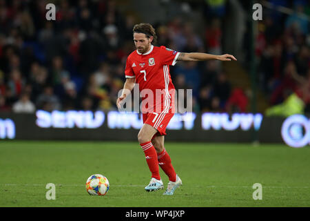 Cardiff, Regno Unito. 06 Sep, 2019. Joe Allen del Galles in azione .Galles v Azerbaigian , UEFA campionato europeo 2020 partita di qualificazione, gruppo e al Cardiff City Stadium di Cardiff, venerdì 6 settembre 2019. Solo uso editoriale. pic da Andrew Orchard/Andrew Orchard fotografia sportiva/Alamy Live News Foto Stock