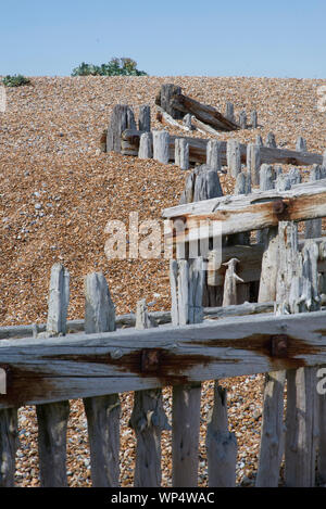 Vecchi pennelli in legno sulla spiaggia nel Sussex England Foto Stock