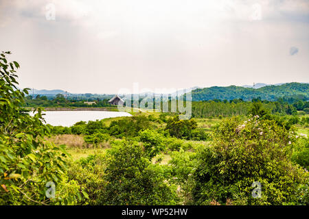 Paesaggio della Thailandia. Verde della natura. Paesaggio verde con un lago, una casa e palme Foto Stock