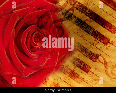 Vintage grunge sfondo con rose e note musicali. Foto Stock