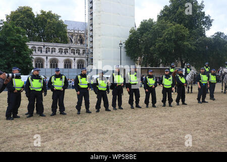 Londra REGNO UNITO. Il 7 settembre 2019. La polizia creare un cordone per separare estrema destra Pro Brexit membri dei democratici di Football Lads Alleanza dall UE-sostenitori marzo per modificare Credito: amer ghazzal/Alamy Live News Foto Stock