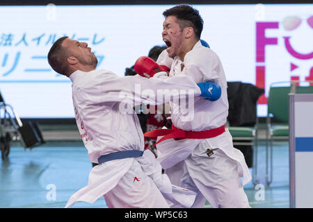 Tokyo, Giappone. 7 Sep, 2019. Daiki Ando del Giappone (rosso) combatte contro Zvonimir Zivkovic di Croazia (blu) durante il repechage maschile di Kumite è 84 kg categoria al Karate1 Premier League Tokyo 2019. Il Karate1 Premier League si terrà dal 6 Settembre al 8 al Nippon Budokan. Il KarateÂ farà il suo debutto appearanceÂ presso il Tokyo 2020 giochi olimpici estivi. Daiki Ando ha vinto lo scontro. Credito: Rodrigo Reyes Marin/ZUMA filo/Alamy Live News Foto Stock