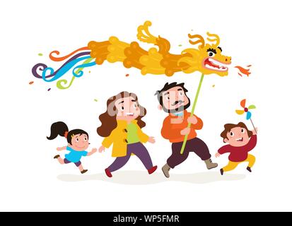 La famiglia va con il drago. Vettore. Buffi personaggi papà, mamma e bambini e andare a festeggiare il Capodanno cinese. Logo per un negozio di giocattoli. Sticker, icona Illustrazione Vettoriale