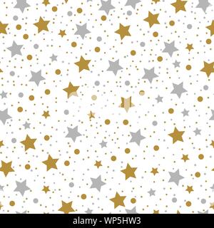 Festosa sfondo senza giunture con oro e argento stelle. Adatto per i tessili, l'imballaggio, carta stampa, semplice sfondi e texture. Illustrazione Vettoriale