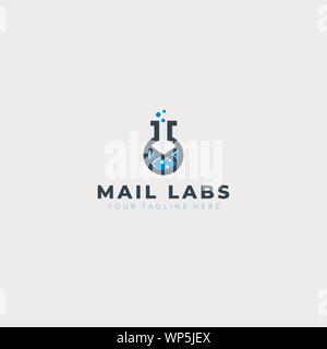 Mail labs logo design con molecola e vetro Illustrazione Vettoriale