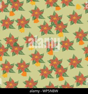 Vettore di seamless pattern di natale con poinsettias e campane Illustrazione Vettoriale