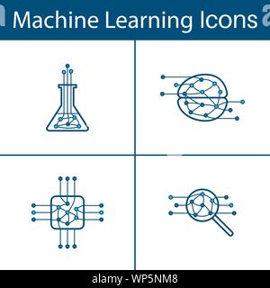 Set di quattro machine learning icone di contorno. Illustrazione Vettoriale