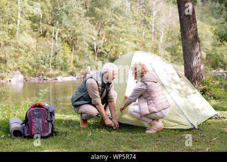 Coppia escursionisti in activewear mettendo tenda su erba verde da riverside Foto Stock