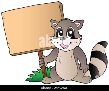 Cartoon racoon azienda pannello di legno Illustrazione Vettoriale