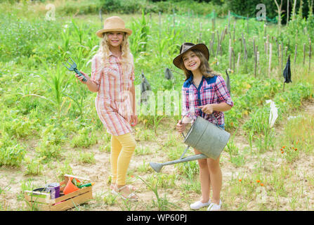 Calda atmosfera. Proteggere la natura. Ricco raccolto. La giornata della terra. estate famiglia farm. Felice agricoltura. molla lato paese. le piccole bambine contadino nel villaggio giardino. I bambini lavorano nel campo utilizzare utensile da giardinaggio. Foto Stock