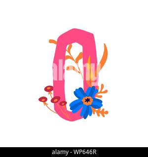 Numero 0 di fiori e piante. Vettore. Numero di elementi decorativi per le iscrizioni. Il logo della società. Poster o monogramma. La salute e la bellezza. Produ Eco Illustrazione Vettoriale