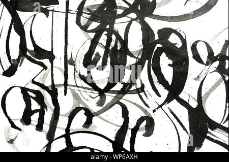 Abstract di nero i tratti di pennello e dagli spruzzi di vernice su carta. Grunge arte sfondo di calligrafia Foto Stock