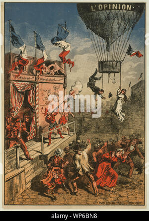 L' opinione; divertente stampa mostra un attore teatrale su un palcoscenico all'aperto di scatto a un palloncino, etichettata L'opinione, come un uomo balza fuori dal cesto e una donna si aggrappa a una corda al di sotto del cestello. I membri della band e un altro attore sono sconvolta dalla performer azioni, in quanto sono diversi i membri del pubblico che fuggono.; Foto Stock