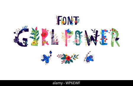 Caratteri font Girl Power. Vettore. Logo in fiori e piante. Logo aziendale o un negozio di fiori. Illustrazione Vettoriale