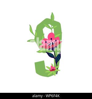 Numero 9 di fiori e piante. Vettore. Numero di elementi decorativi per le iscrizioni. Il logo della società. Poster o monogramma. La salute e la bellezza. Produ Eco Illustrazione Vettoriale