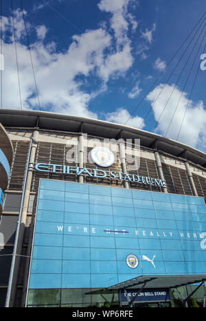 L'Etihad Stadium, casa della Premier League il Manchester City football club in Inghilterra, Regno Unito Foto Stock