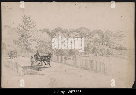 Disegno orizzontale che mostra una grande casa con un padiglione, su di una collina nella parte superiore destra e un uomo a cavallo di due ruote a cavallo il trasporto su strada di un paese con un carro coperto andando nella direzione opposta Foto Stock