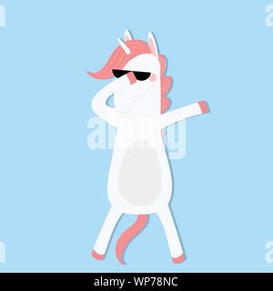 Tamponando Unicorn isolato su sfondo blu Dab cavallo in occhiali da sole Ballare in discoteca. Graziosi animali stampa t-shirt, bebè doccia o il compleanno di design parte della scheda Illustrazione Vettoriale