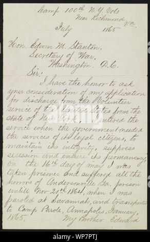 Lettera da Cornelio V. Moore al segretario della guerra Edwin M. Stanton chiedendo per lo scarico Foto Stock