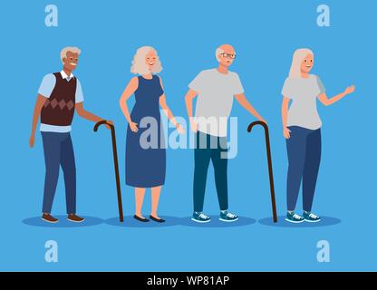 Set di vecchi uomini e donne con bastone Illustrazione Vettoriale
