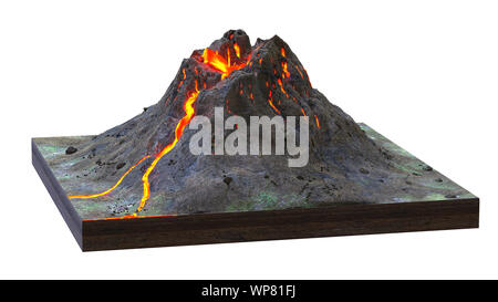 Vulcano erutta lava, sezione trasversale modello isolato su sfondo bianco (3d rendering della scienza) Foto Stock