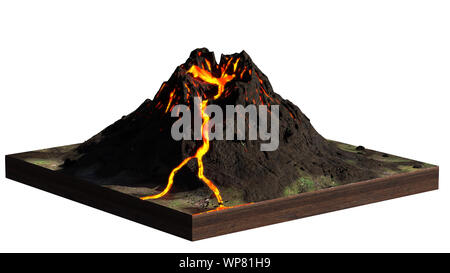 Vulcano erutta lava, modello di una sezione di terreno isolato su sfondo bianco (3d rendering della scienza) Foto Stock