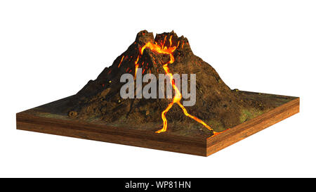 Vulcano erutta lava, modello di una sezione di terreno isolato su sfondo bianco (3d rendering della scienza) Foto Stock