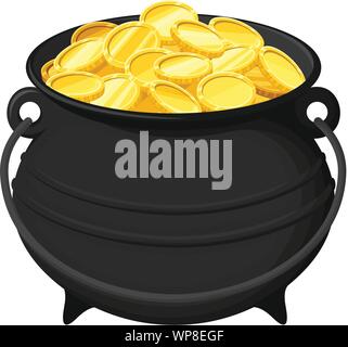 Vettore pot nero di monete d'oro isolato su uno sfondo bianco. Illustrazione Vettoriale