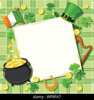 Il vettore per il giorno di San Patrizio carta con la pentola d'oro, leprechaun hat, bandiera irlandese, arpa, a ferro di cavallo, shamrock foglie e monete su un sfondo di tartan. Illustrazione Vettoriale