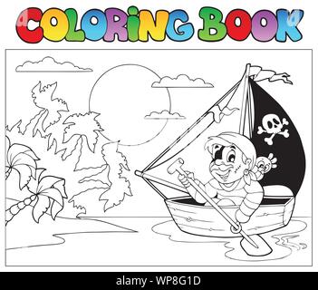 Libro da colorare con pirati in barca Illustrazione Vettoriale