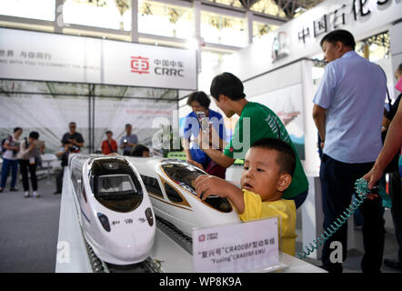 (190908) -- YINCHUAN, Sett. 8, 2019 (Xinhua) -- la gente di visitare una mostra delle alte tecnologie e attrezzature durante il quarto China-Arab membri Expo di Yinchuan, a nord-ovest della Cina di Ningxia Hui Regione autonoma, Sett. 7, 2019. Il quarto China-Arab membri Expo ha contribuito a promuovere la cooperazione transfrontaliera high-tech di scambio e di cooperazione. In una fiera delle alte tecnologie e macchinari posseduto come parte dell'expo, i visitatori sono esposti a grandi scoperte scientifiche e le innovazioni tecnologiche e di attrezzature all'avanguardia sviluppata da high-tech settore. (Xinhua/Feng Kaihua) Foto Stock