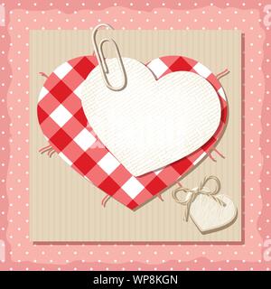 Vettore scheda di San Valentino con cuori di tessuto e del cartone su una rosa polka dot sfondo. Illustrazione Vettoriale