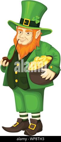 Vettore leprechaun irlandese in tuta verde con una pentola d'oro e un tubo isolato su uno sfondo bianco. Illustrazione Vettoriale